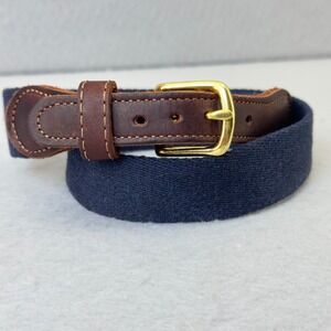 Preston Made in USA Navy Blue Canvas Belt Brown Leather Gold‎ Buckle Size 26